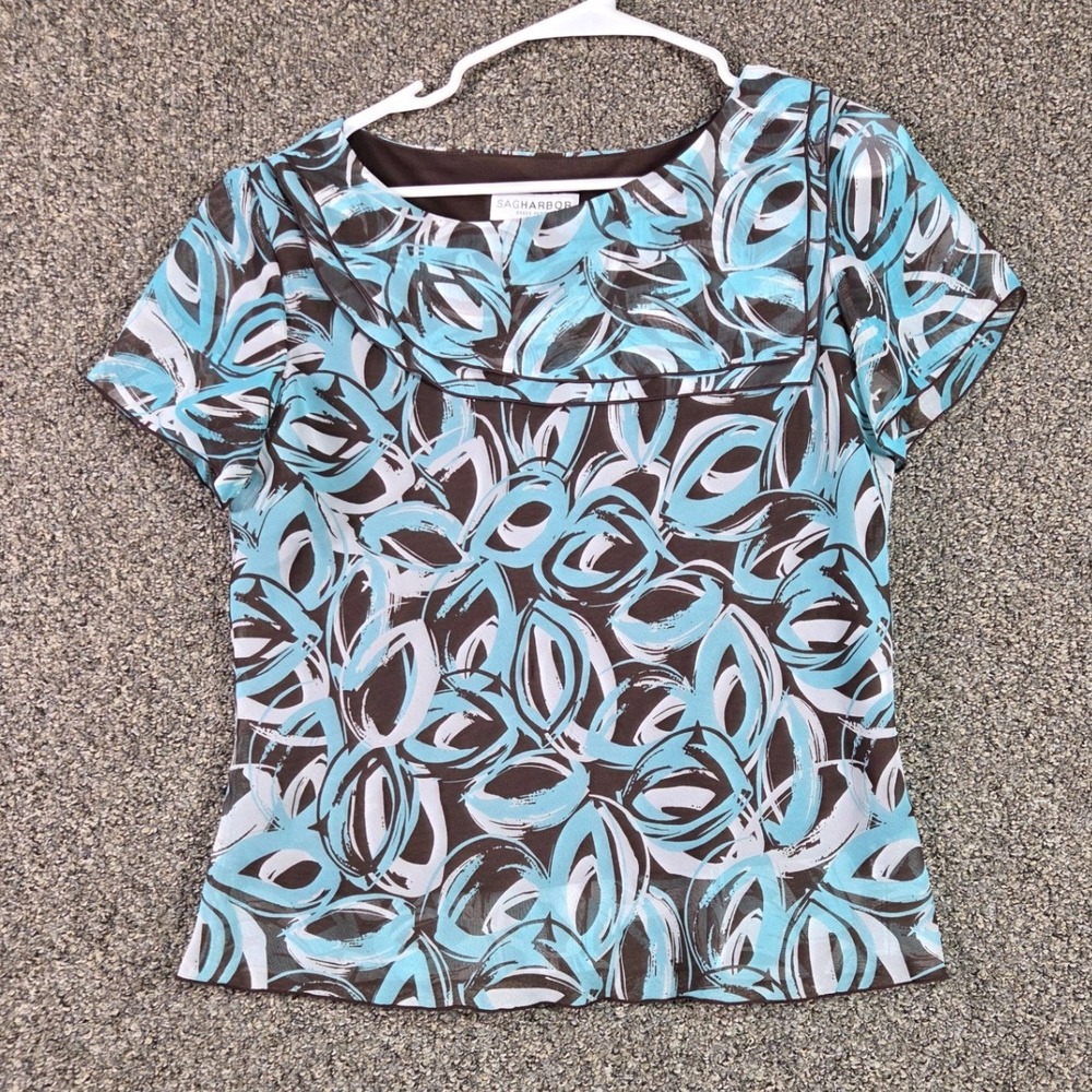 Sag Harbor Blouse Womens 12P Brown Blue Abstract Print Layered Neck Short Sleeve